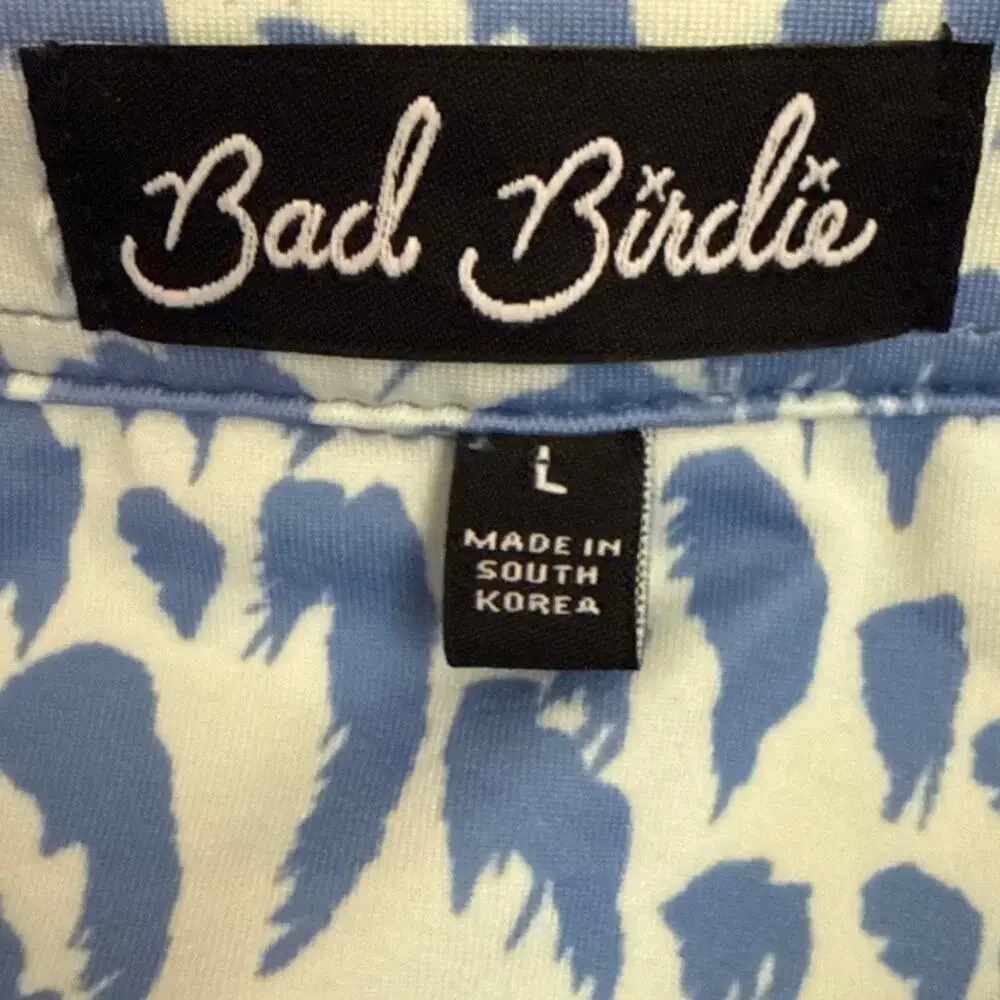 Bad Birdie Men’s L Golf Polo Shirt Blue & White Leopard Animal Print Performance